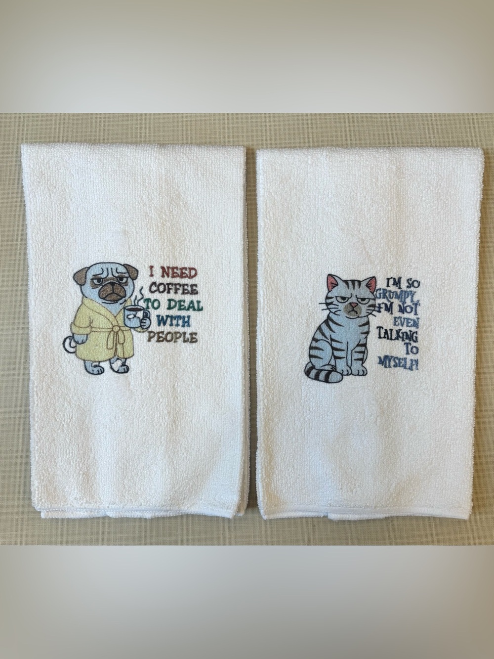 NEW Embroidered Humorous Pet Kitchen Towels - Pug & Grumpy Cat